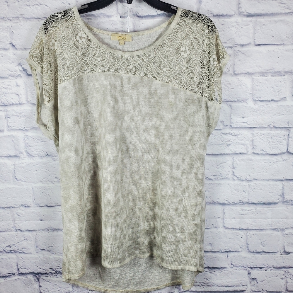 Ambra Pullover Short Sleeve Lace Yoke High Low Hem Top, L, Taupe & Cream
